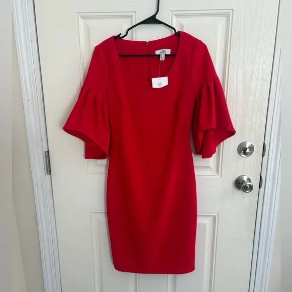 Belle Badgley Mischka Red Cocktail Dress Size 4 Bell Sleeve NWT - Picture 2 of 6